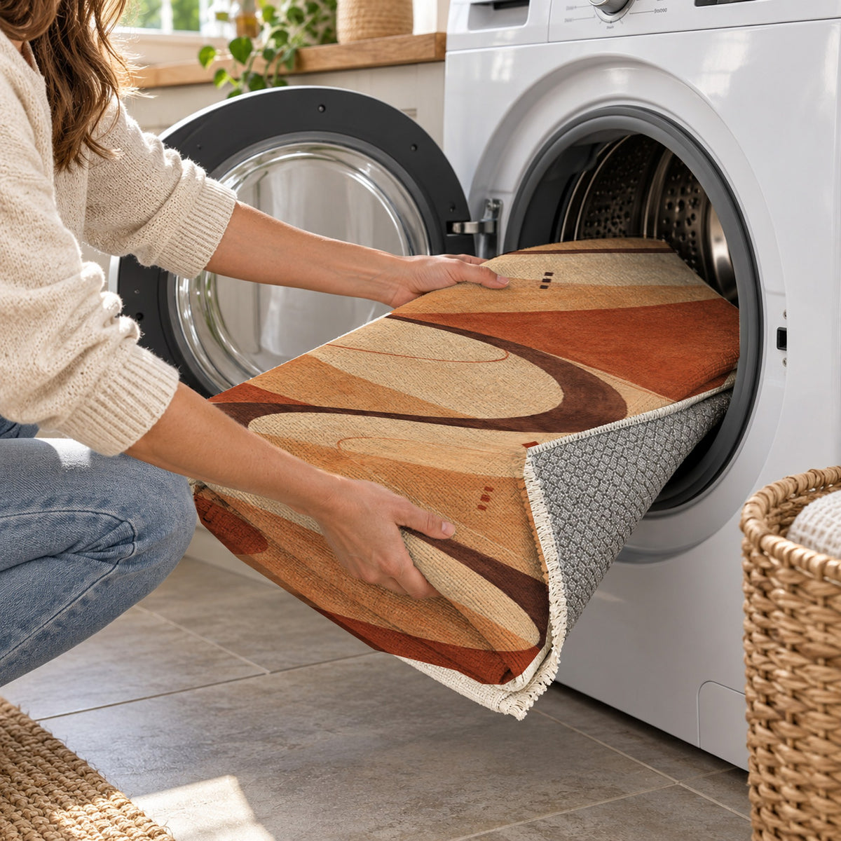 Nomad Paths Terracotta Modern Washable Rug — washing machine