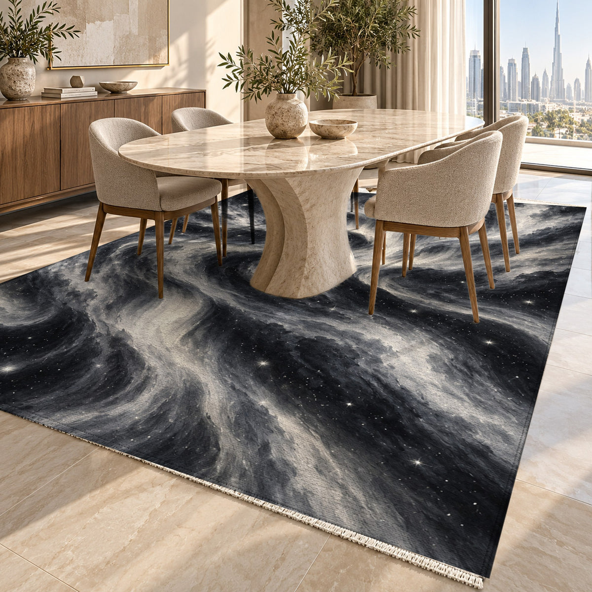 Northern Sky Charcoal Abstract Washable Rug — dubai dining