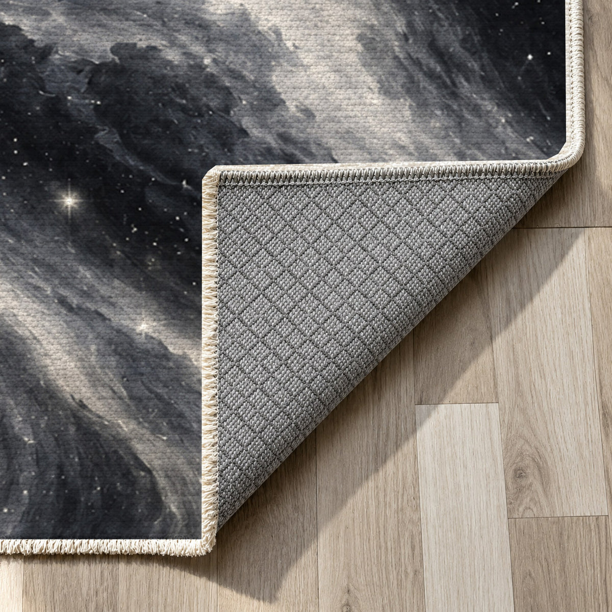 Northern Sky Charcoal Abstract Washable Rug — backing close up