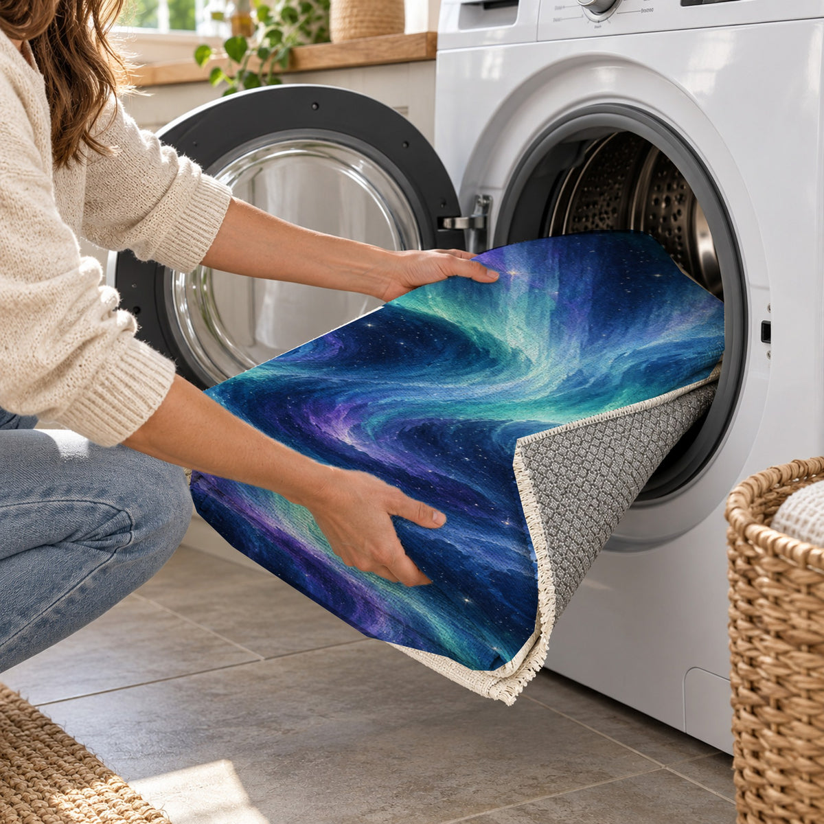 Northern Sky II Abstract Washable Rug — washing machine