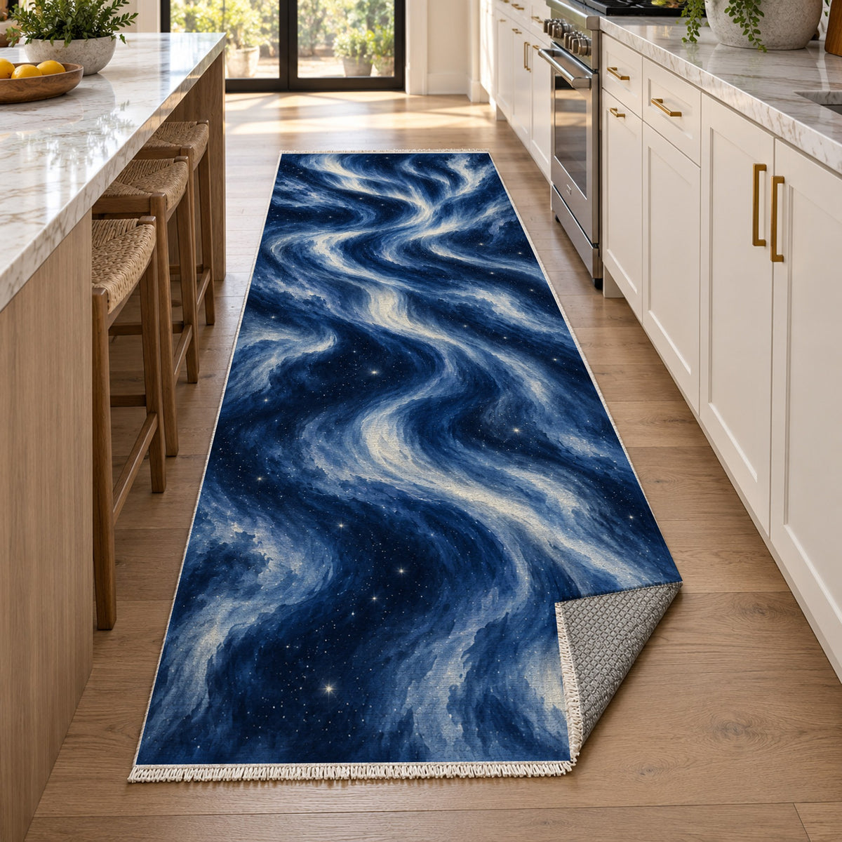 Northern Sky Indigo Abstract Washable Rug — new york kitchen runner