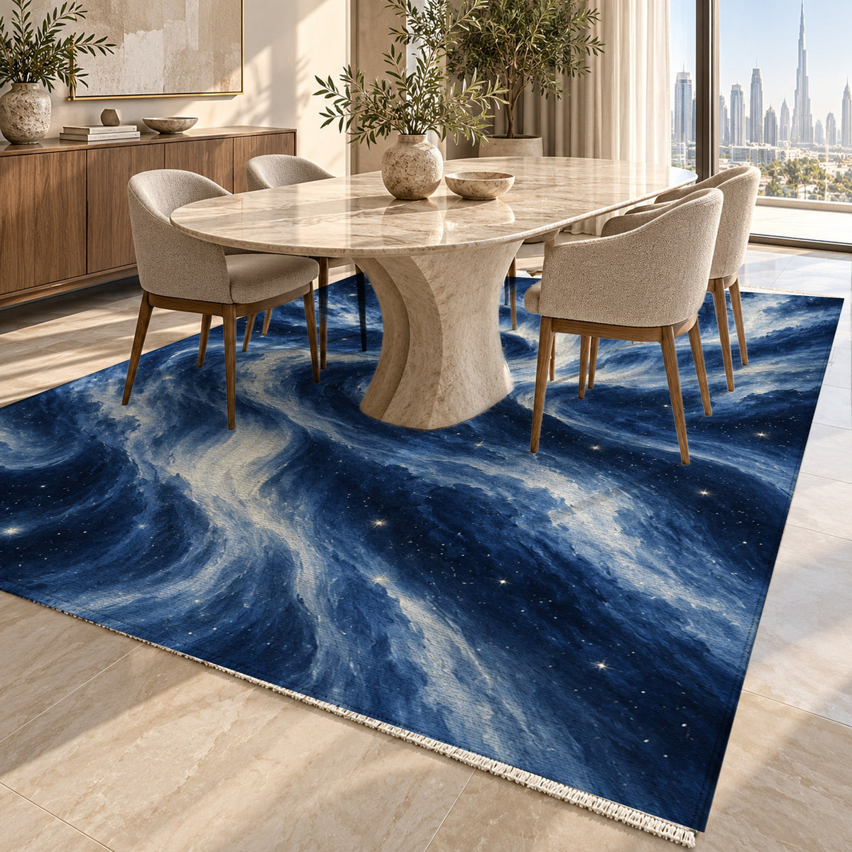 Northern Sky Indigo Abstract Washable Rug — dubai dining