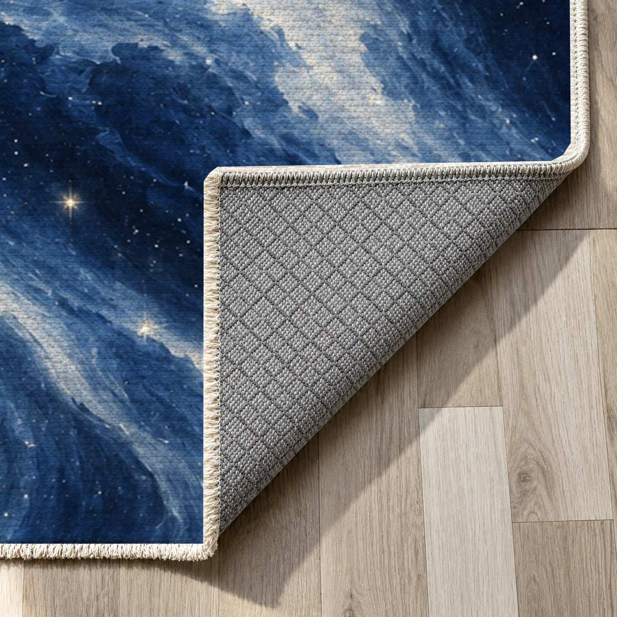 Northern Sky Indigo Abstract Washable Rug — backing close up