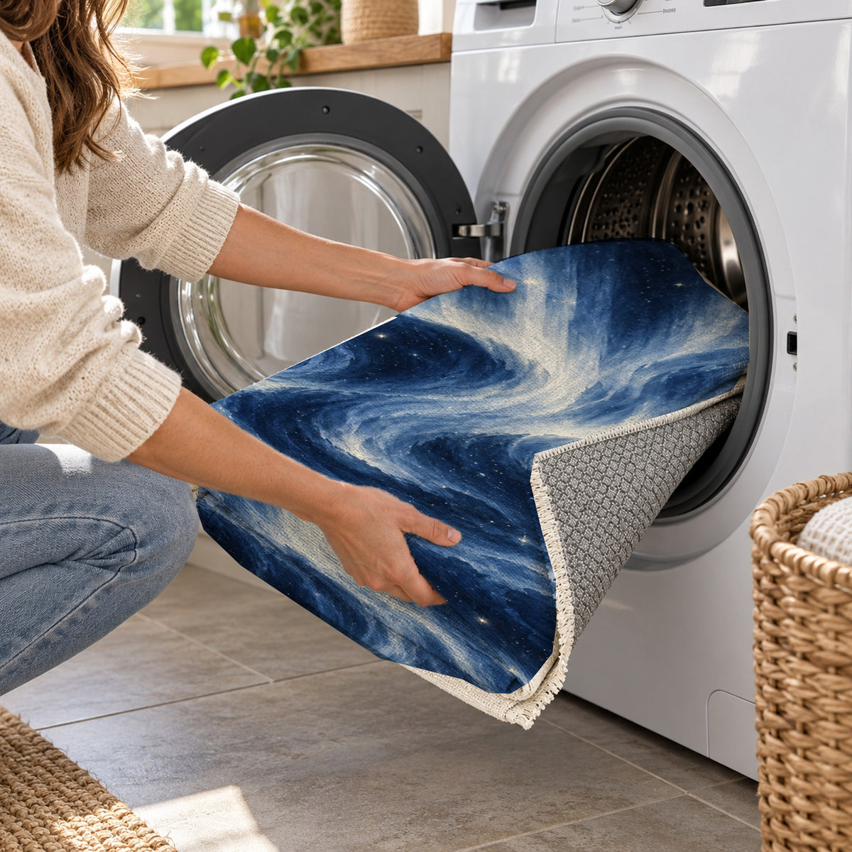 Northern Sky Indigo Abstract Washable Rug — washing machine
