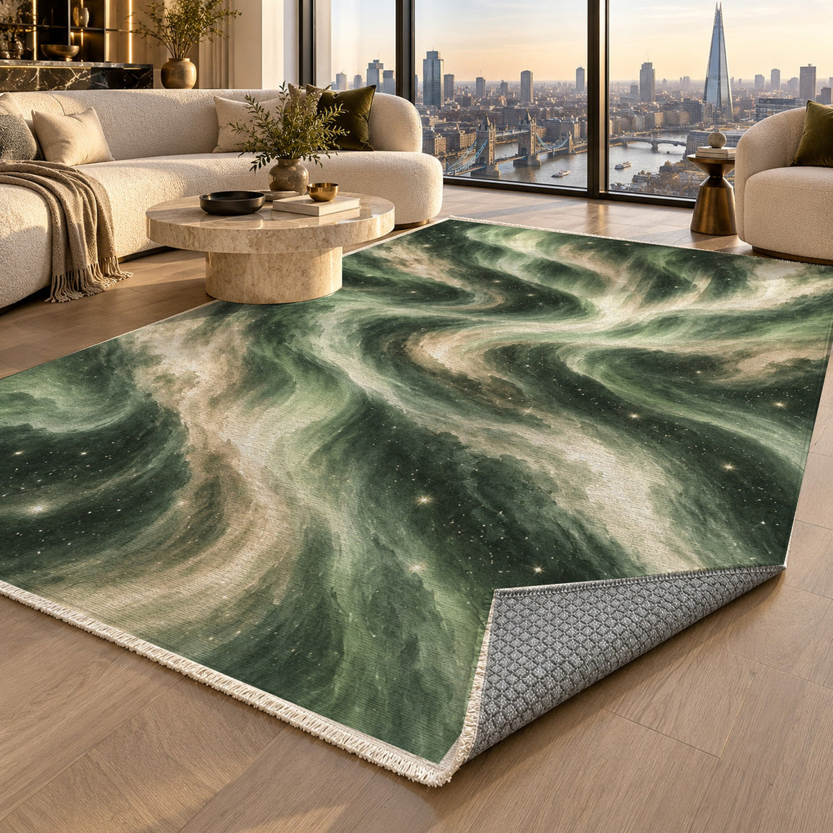 Northern Sky Sage Abstract Washable Rug — london luxury living