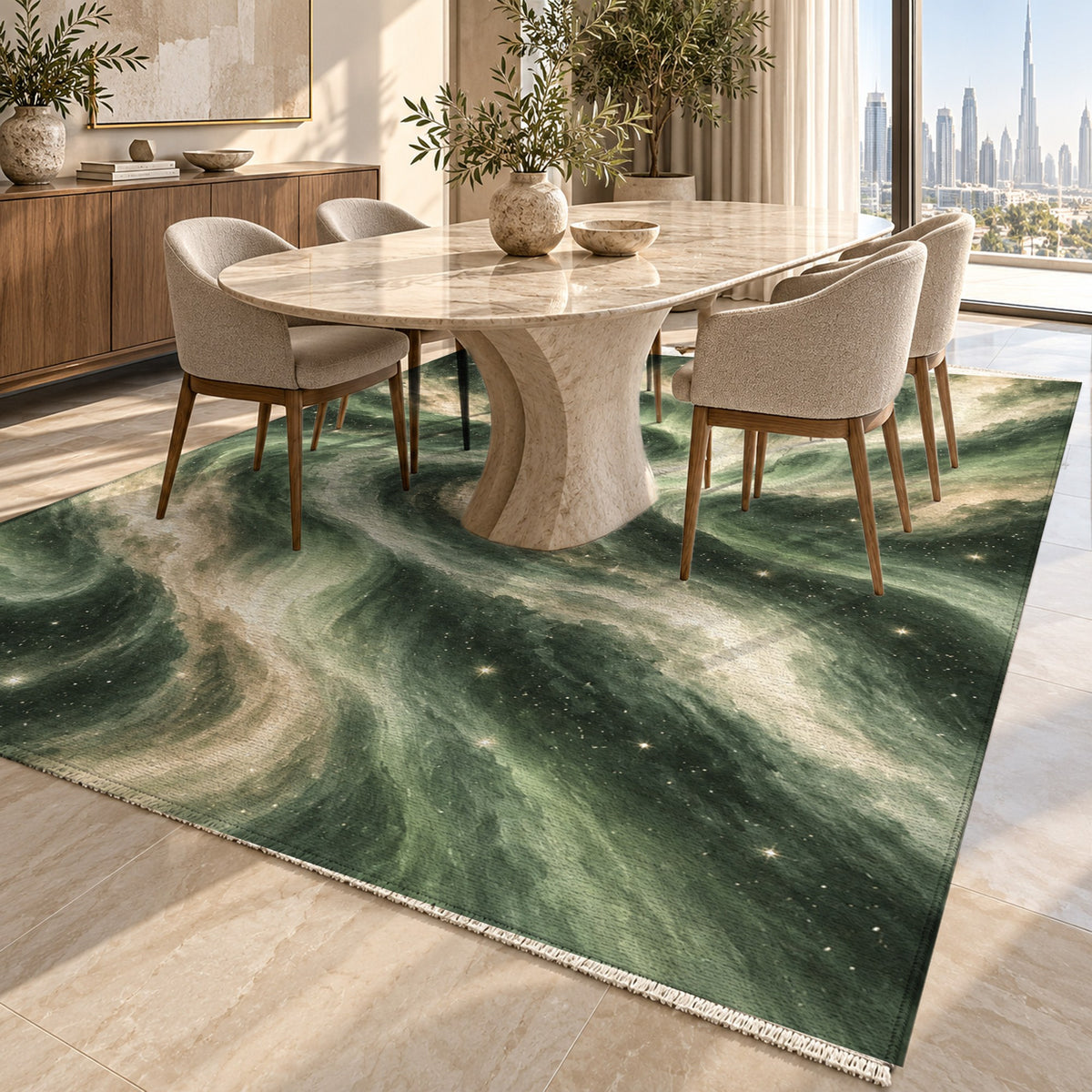 Northern Sky Sage Abstract Washable Rug — dubai dining
