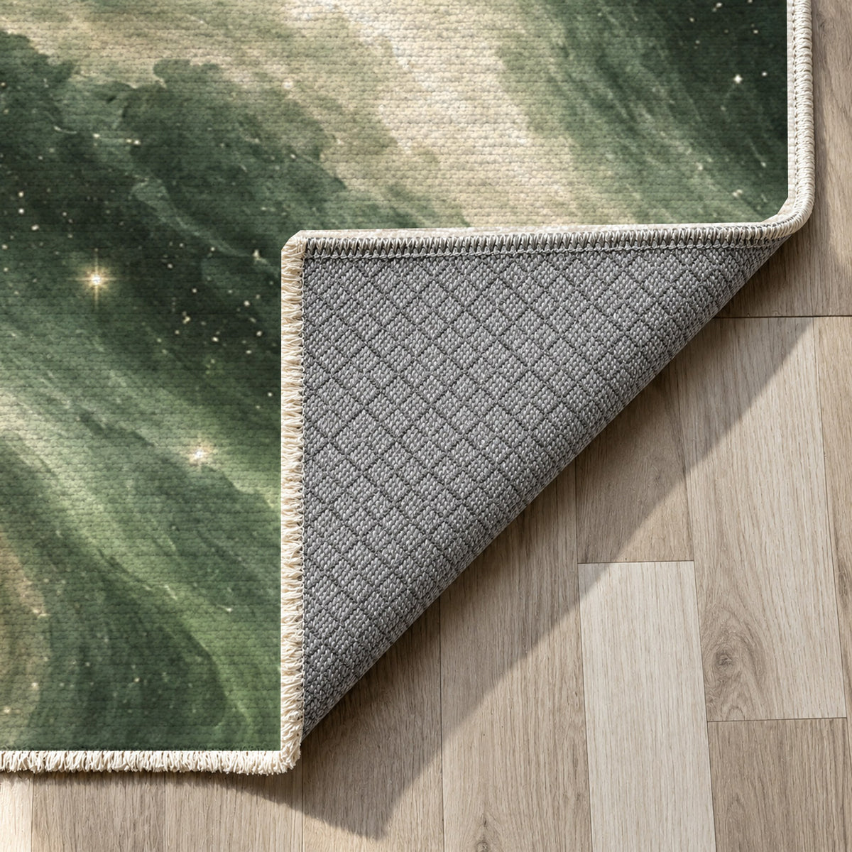 Northern Sky Sage Abstract Washable Rug — backing close up