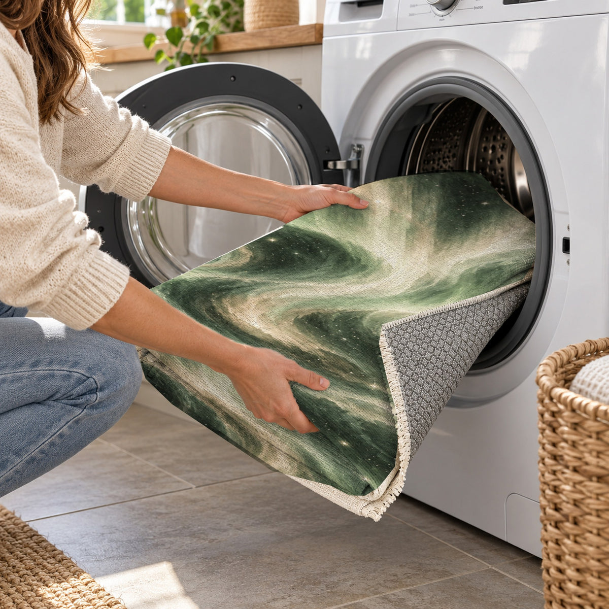 Northern Sky Sage Abstract Washable Rug — washing machine