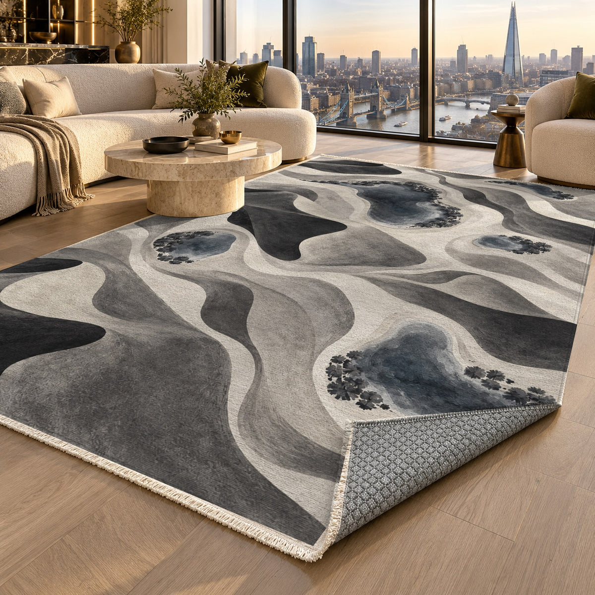 Oasis Shapes Charcoal Modern Washable Rug — london luxury living