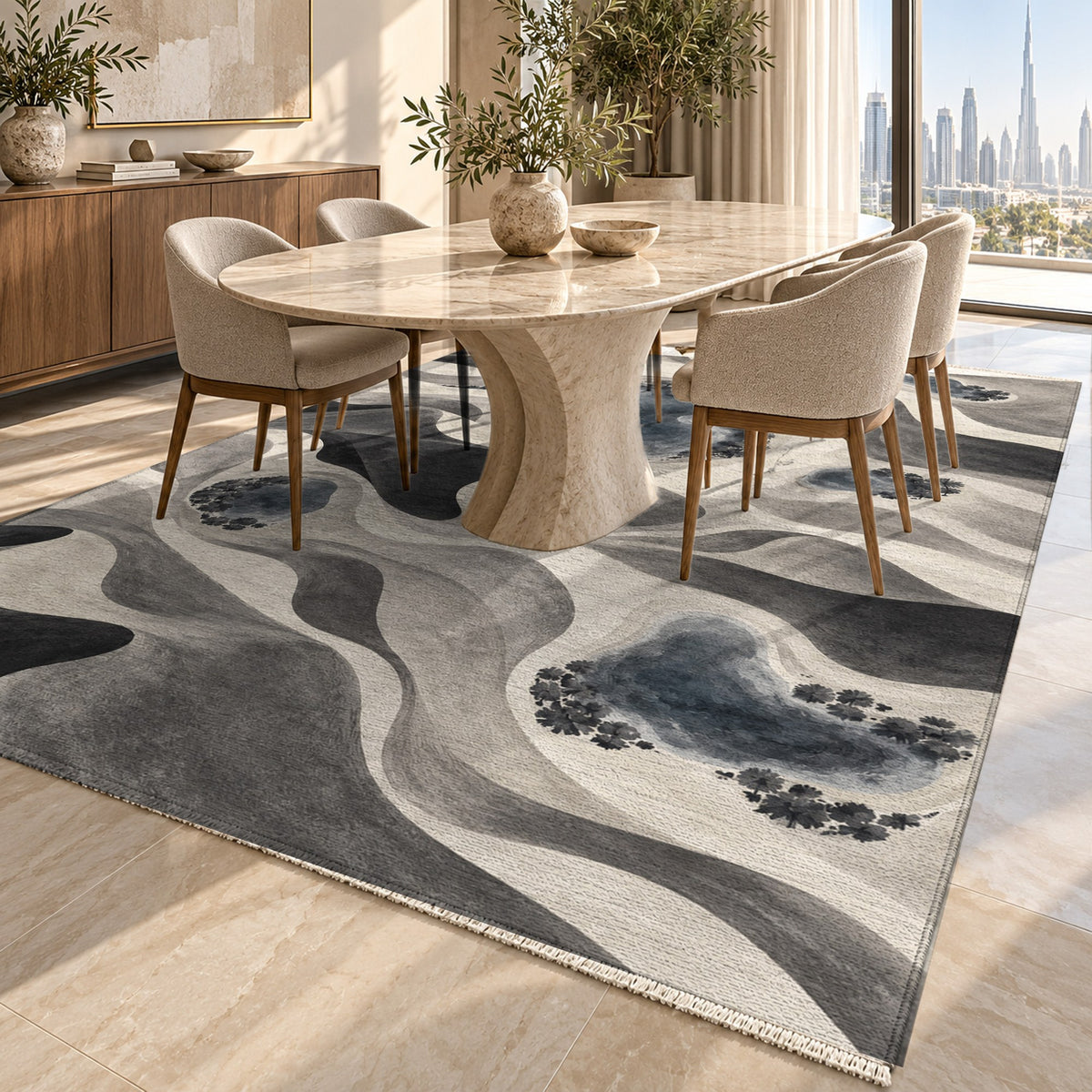 Oasis Shapes Charcoal Modern Washable Rug — dubai dining