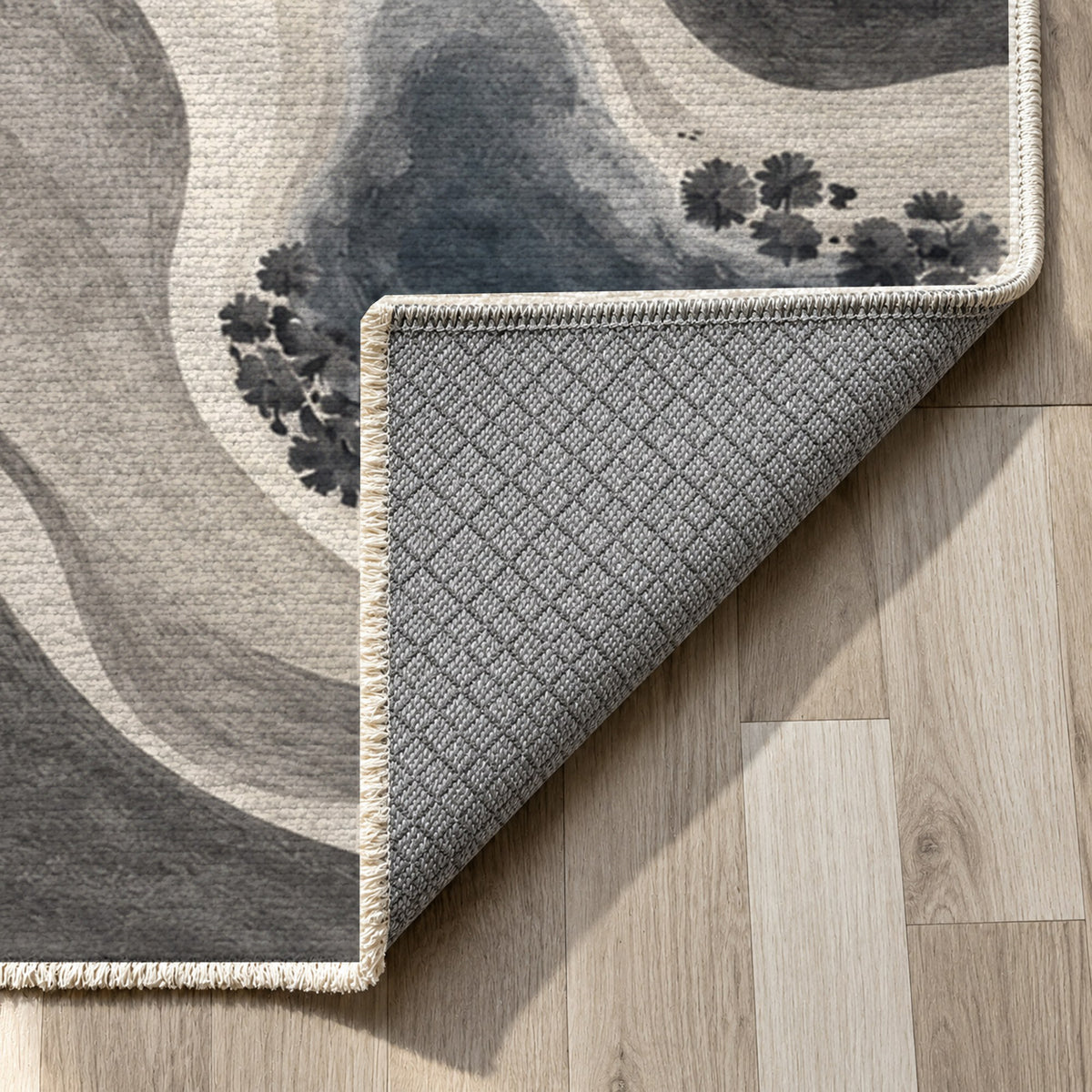 Oasis Shapes Charcoal Modern Washable Rug — backing close up