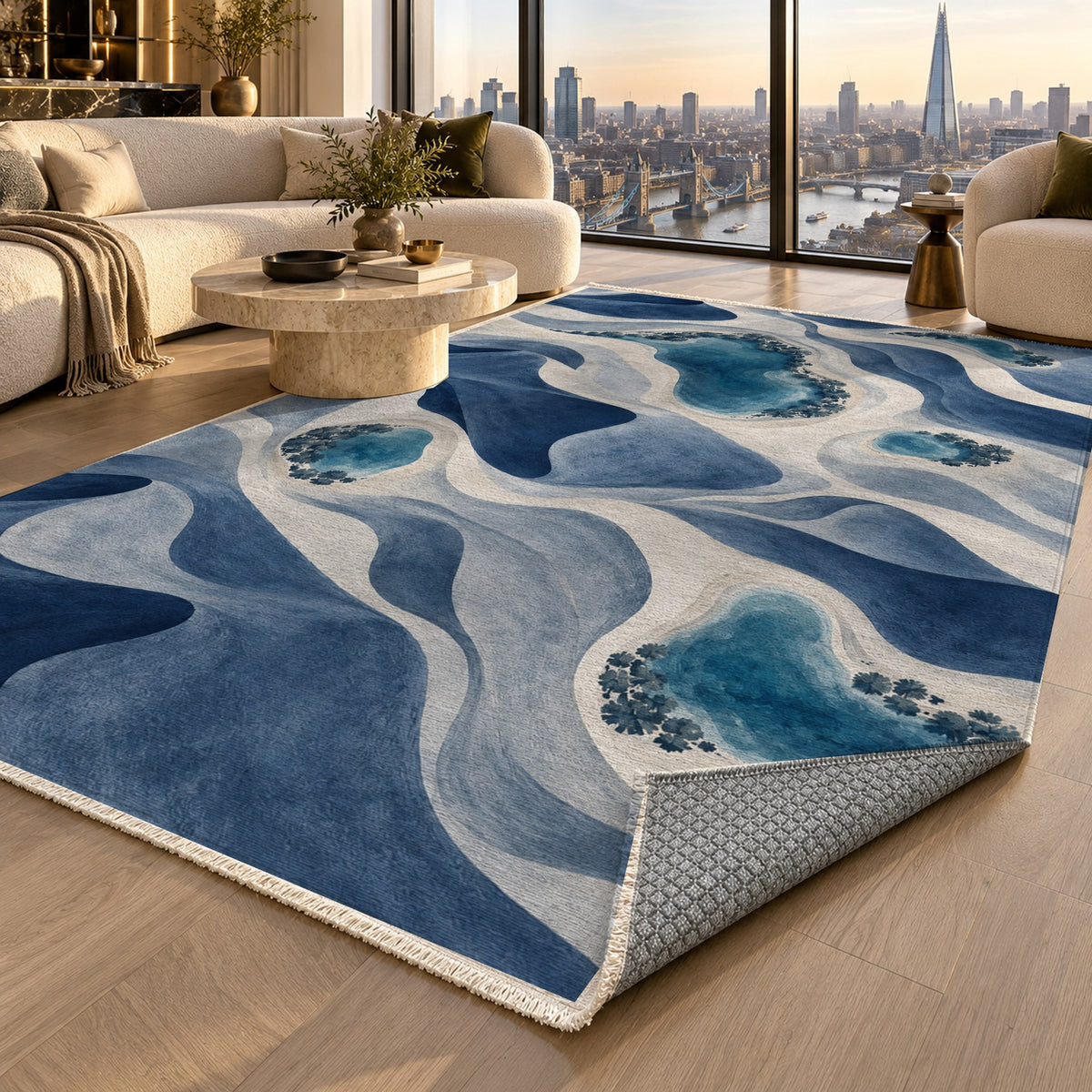 Oasis Shapes Indigo Modern Washable Rug — london luxury living