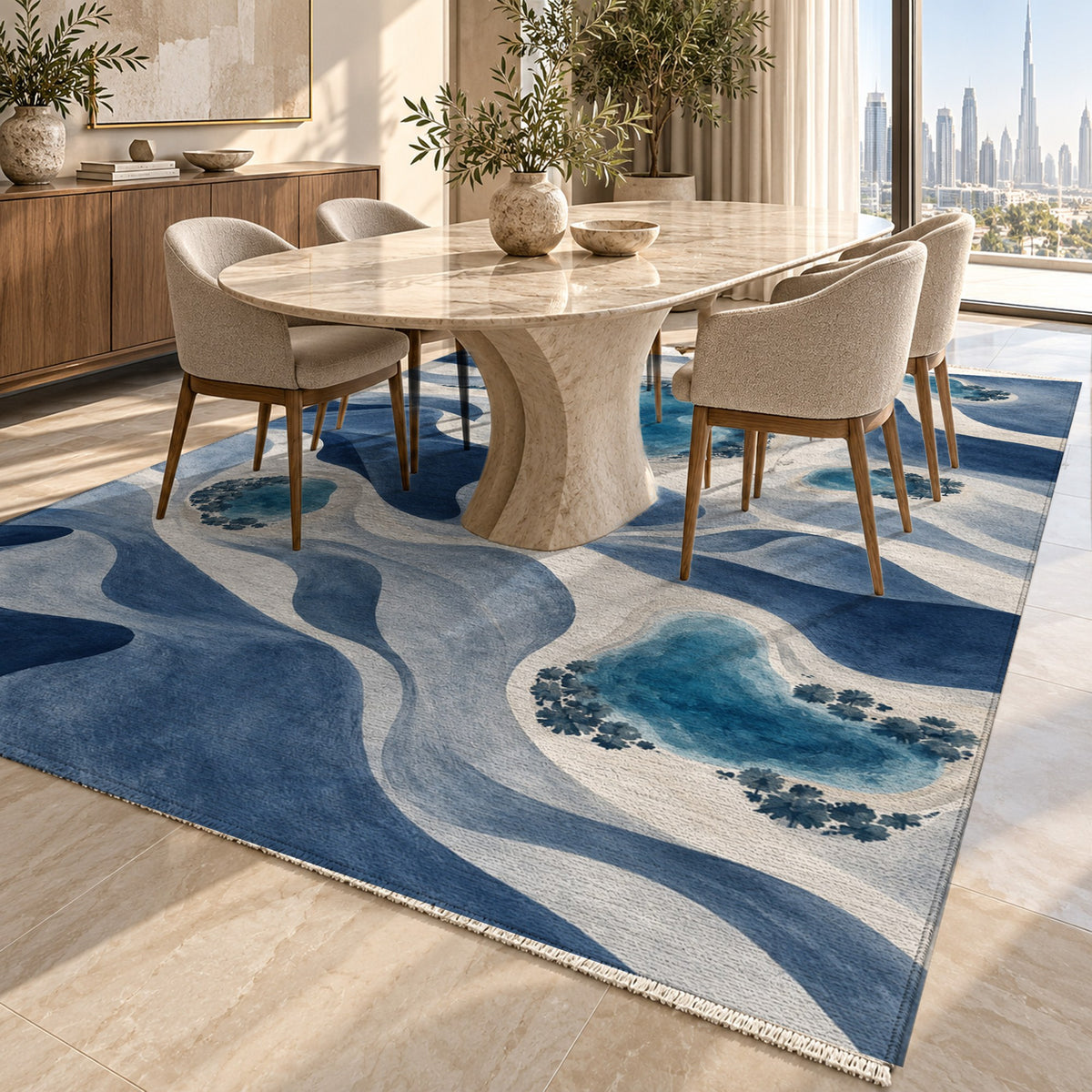 Oasis Shapes Indigo Modern Washable Rug — dubai dining