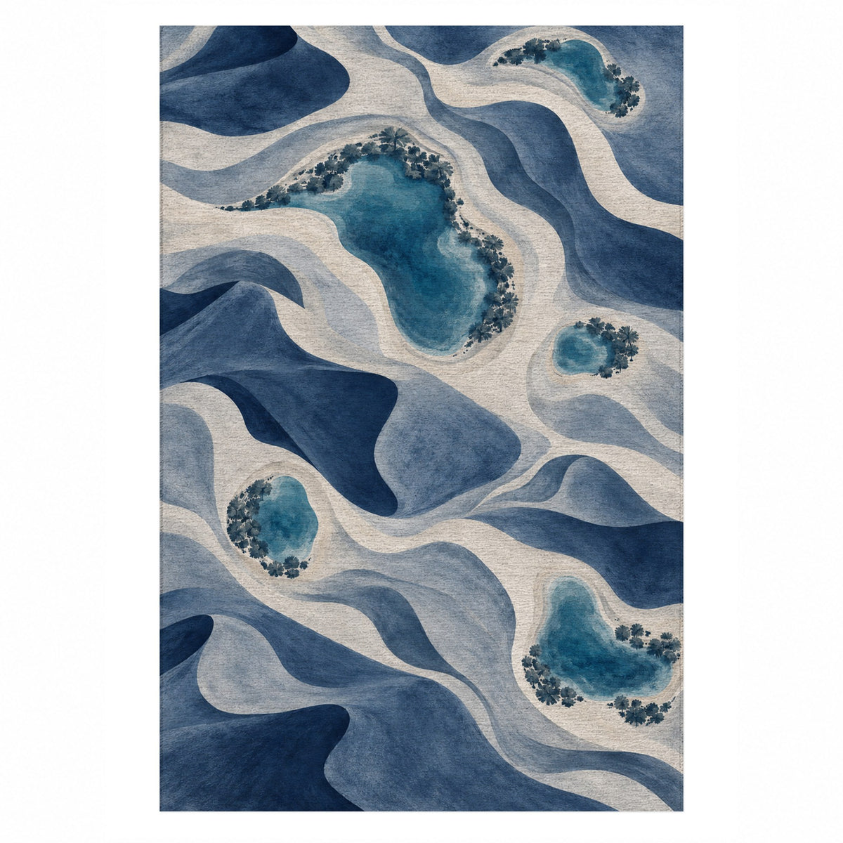 Oasis Shapes Indigo Modern Washable Rug — top view