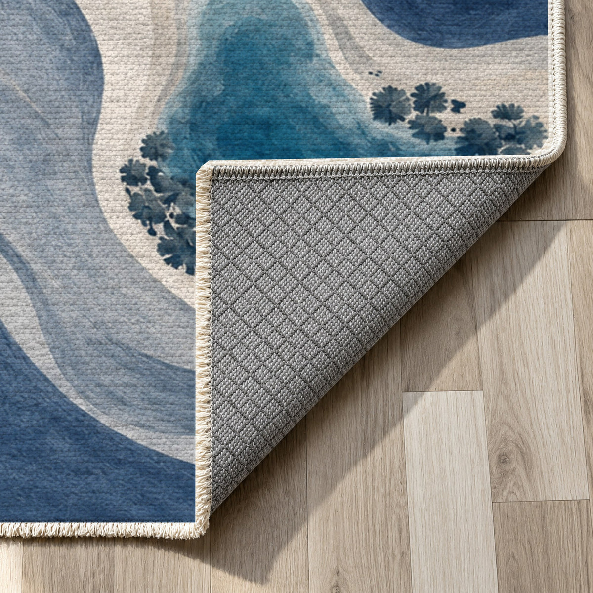 Oasis Shapes Indigo Modern Washable Rug — backing close up