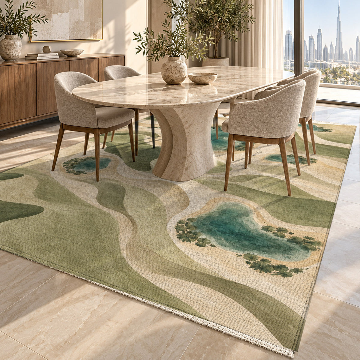 Oasis Shapes Sage Modern Washable Rug — dubai dining