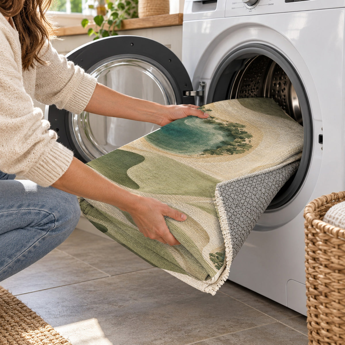 Oasis Shapes Sage Modern Washable Rug — washing machine