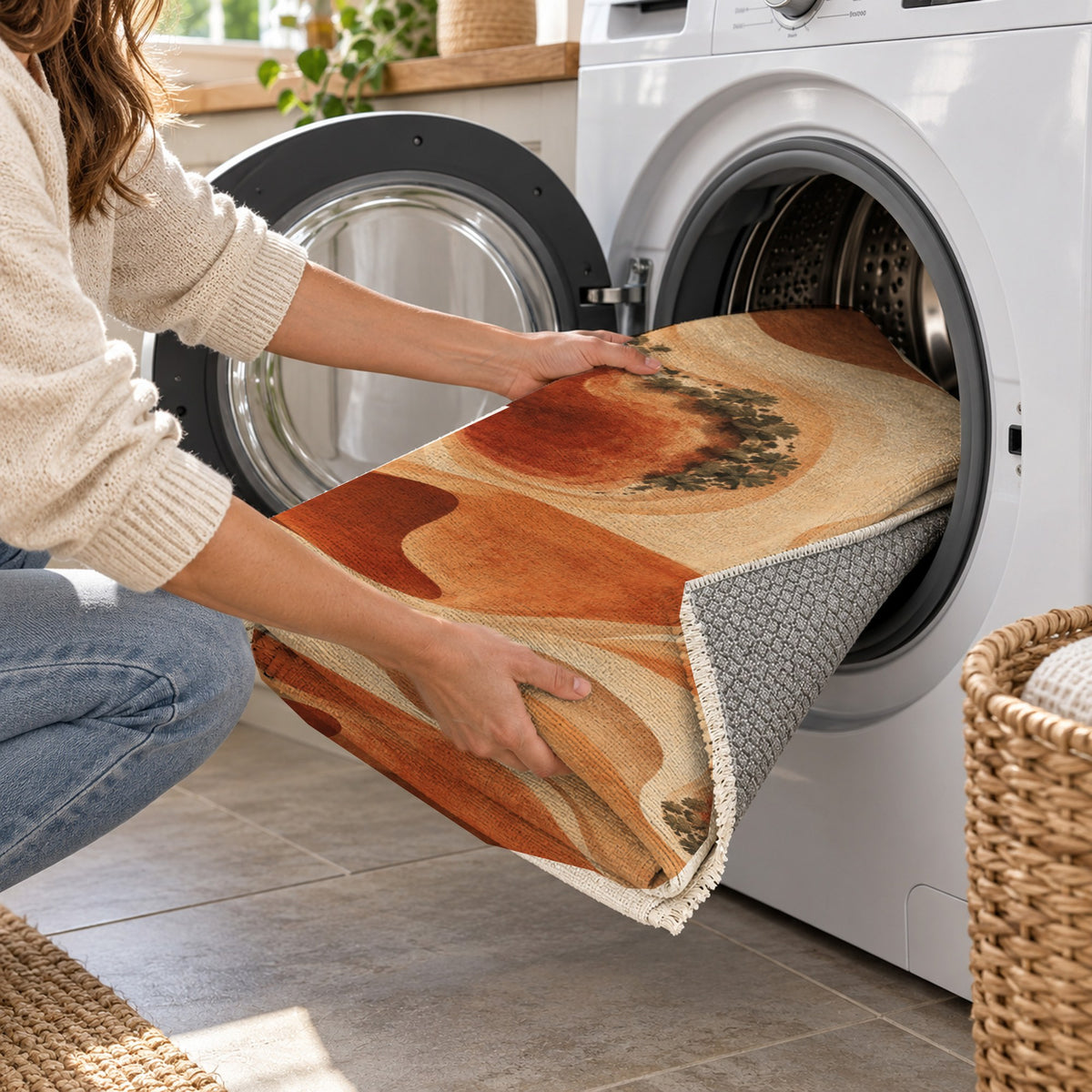 Oasis Shapes Terracotta Modern Washable Rug — washing machine