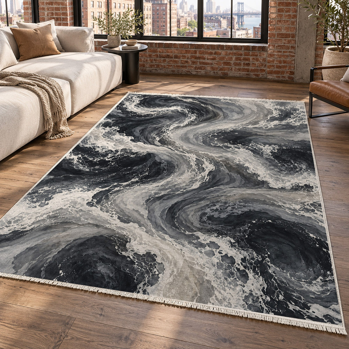 Ocean Currents Charcoal Abstract Washable Rug — new york living