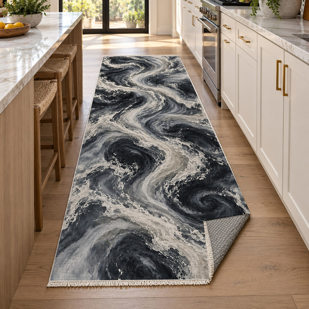 Ocean Currents Charcoal Abstract Washable Rug — new york kitchen runner