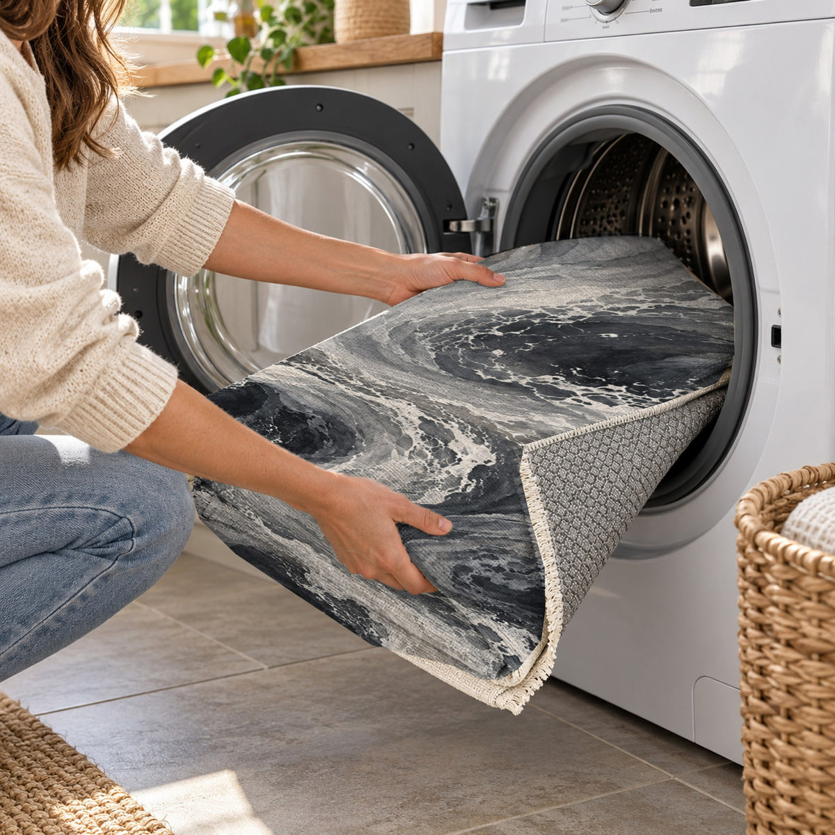 Ocean Currents Charcoal Abstract Washable Rug — washing machine