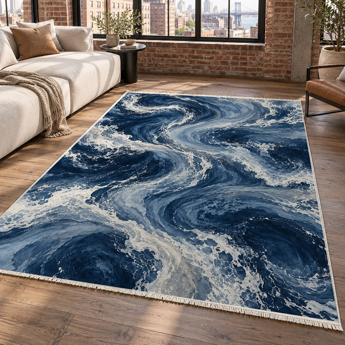 Ocean Currents Indigo Abstract Washable Rug — new york living