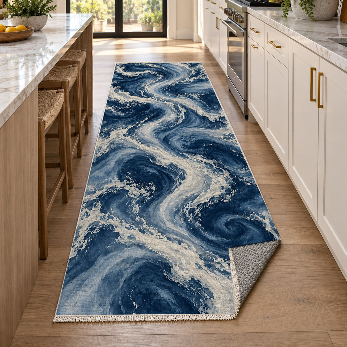 Ocean Currents Indigo Abstract Washable Rug — new york kitchen runner