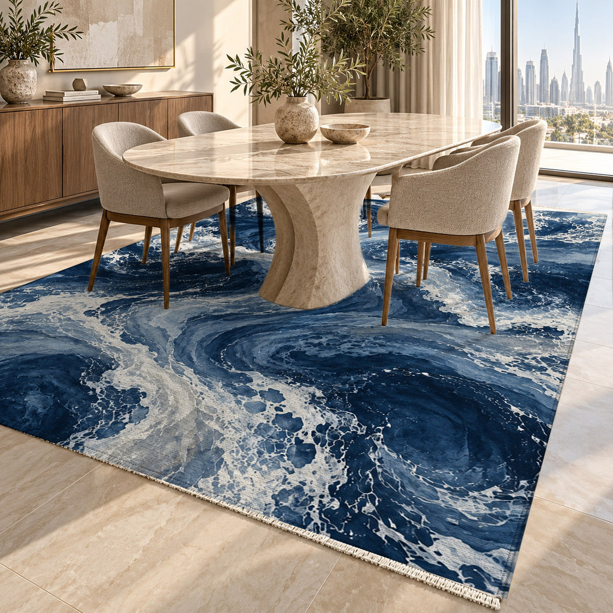 Ocean Currents Indigo Abstract Washable Rug — dubai dining