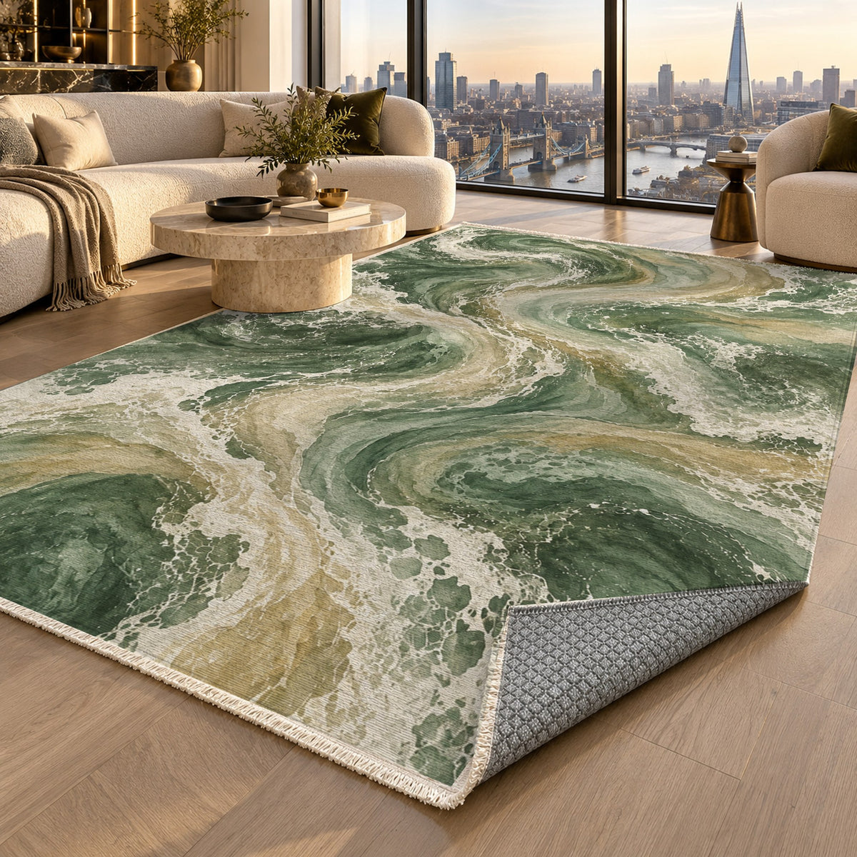 Ocean Currents Sage Abstract Washable Rug — london luxury living