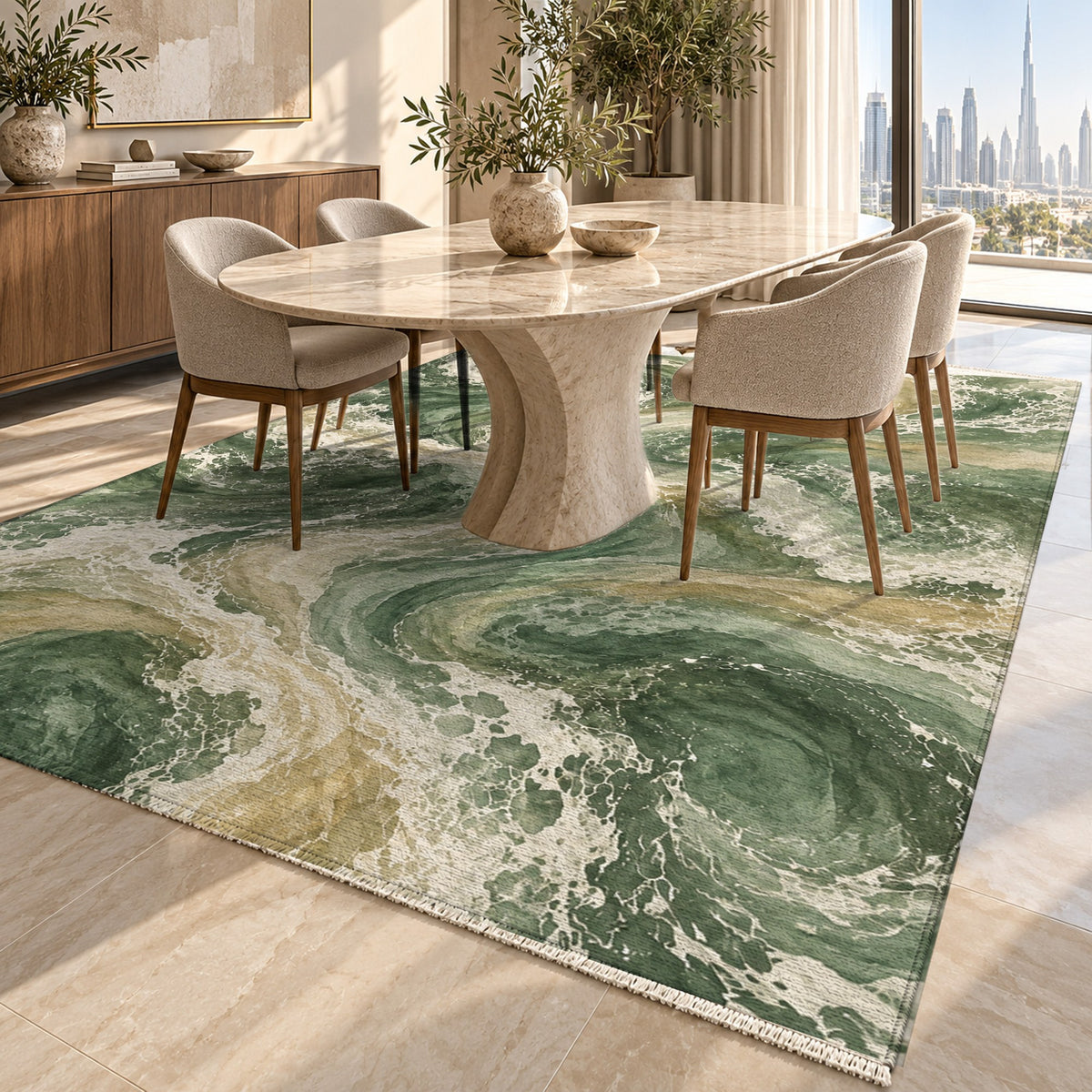 Ocean Currents Sage Abstract Washable Rug — dubai dining