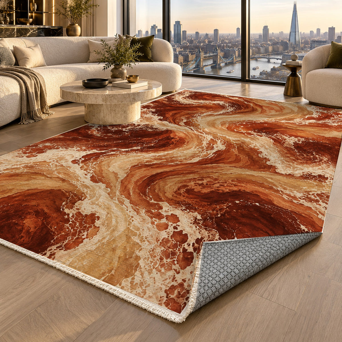 Ocean Currents Terracotta Abstract Washable Rug — london luxury living