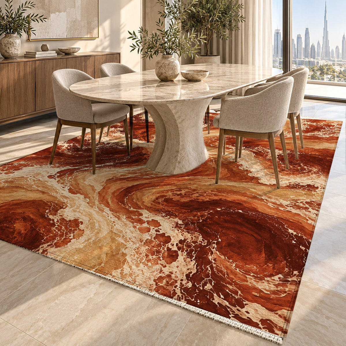 Ocean Currents Terracotta Abstract Washable Rug — dubai dining