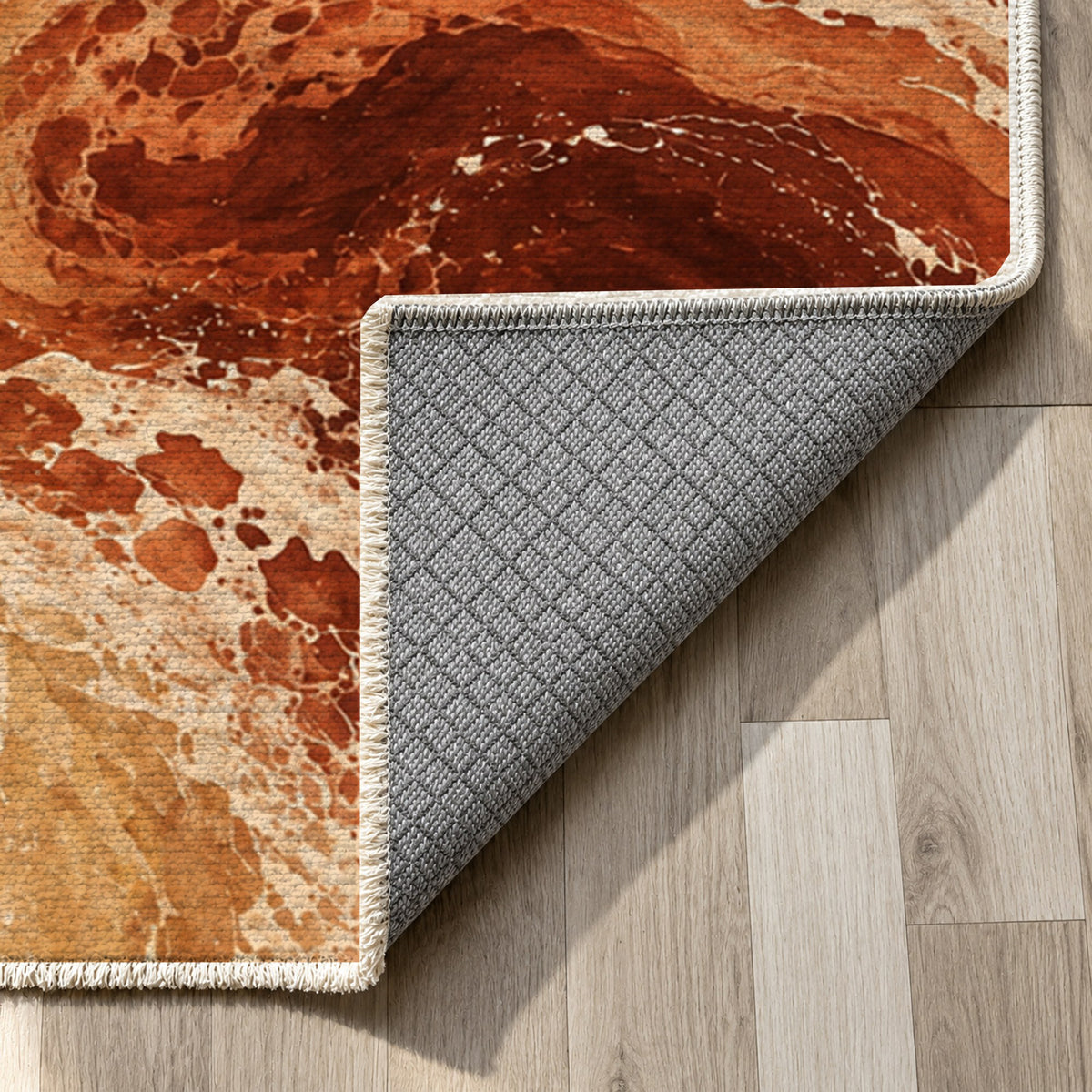Ocean Currents Terracotta Abstract Washable Rug — backing close up