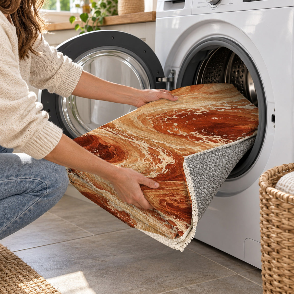 Ocean Currents Terracotta Abstract Washable Rug — washing machine