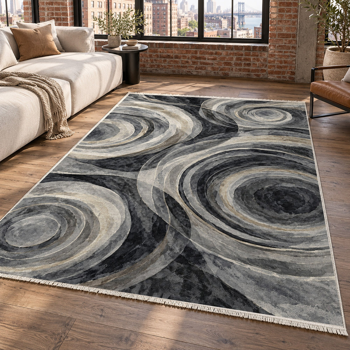 Ocean Rings Charcoal Abstract Washable Rug — new york living