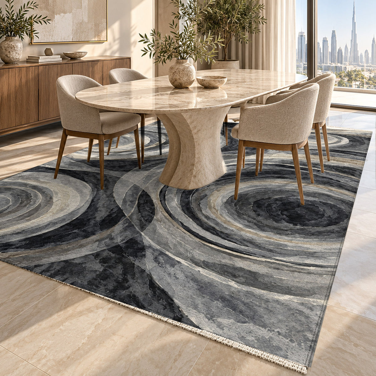 Ocean Rings Charcoal Abstract Washable Rug — dubai dining