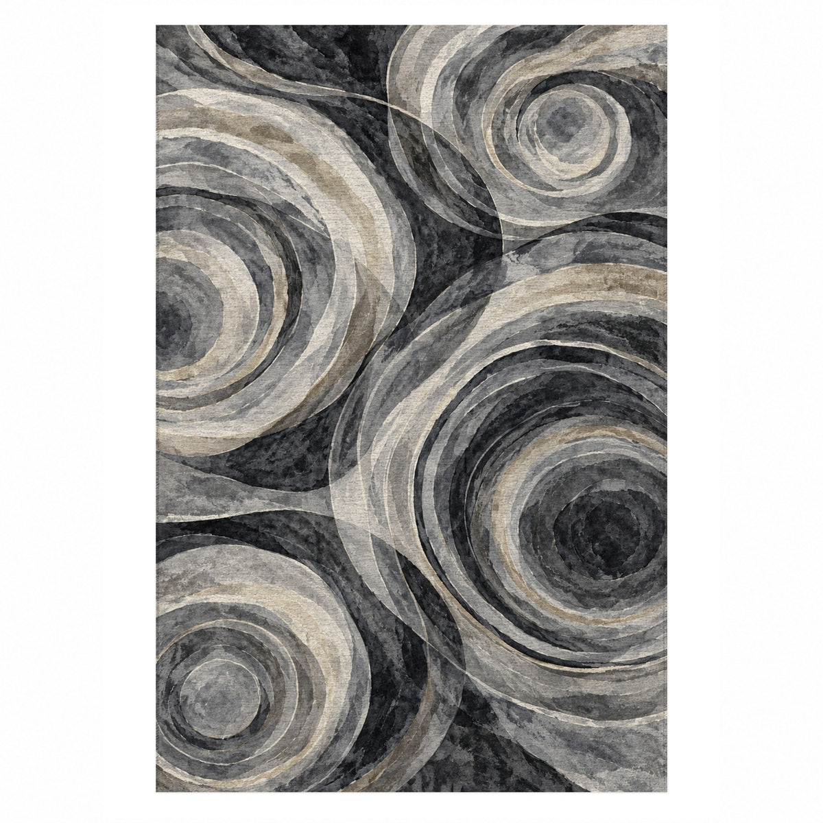 Ocean Rings Charcoal Abstract Washable Rug — top view