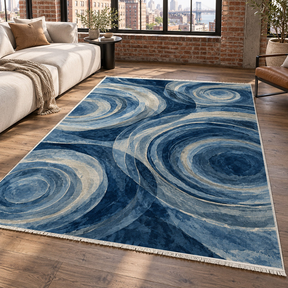 Ocean Rings Indigo Abstract Washable Rug — new york living
