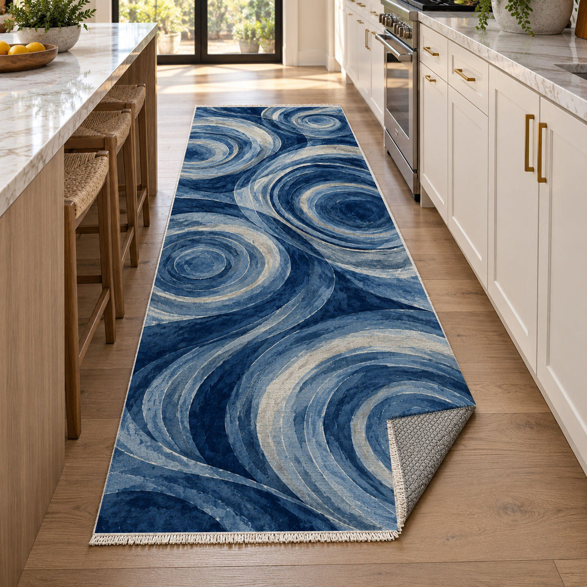 Ocean Rings Indigo Abstract Washable Rug — new york kitchen runner