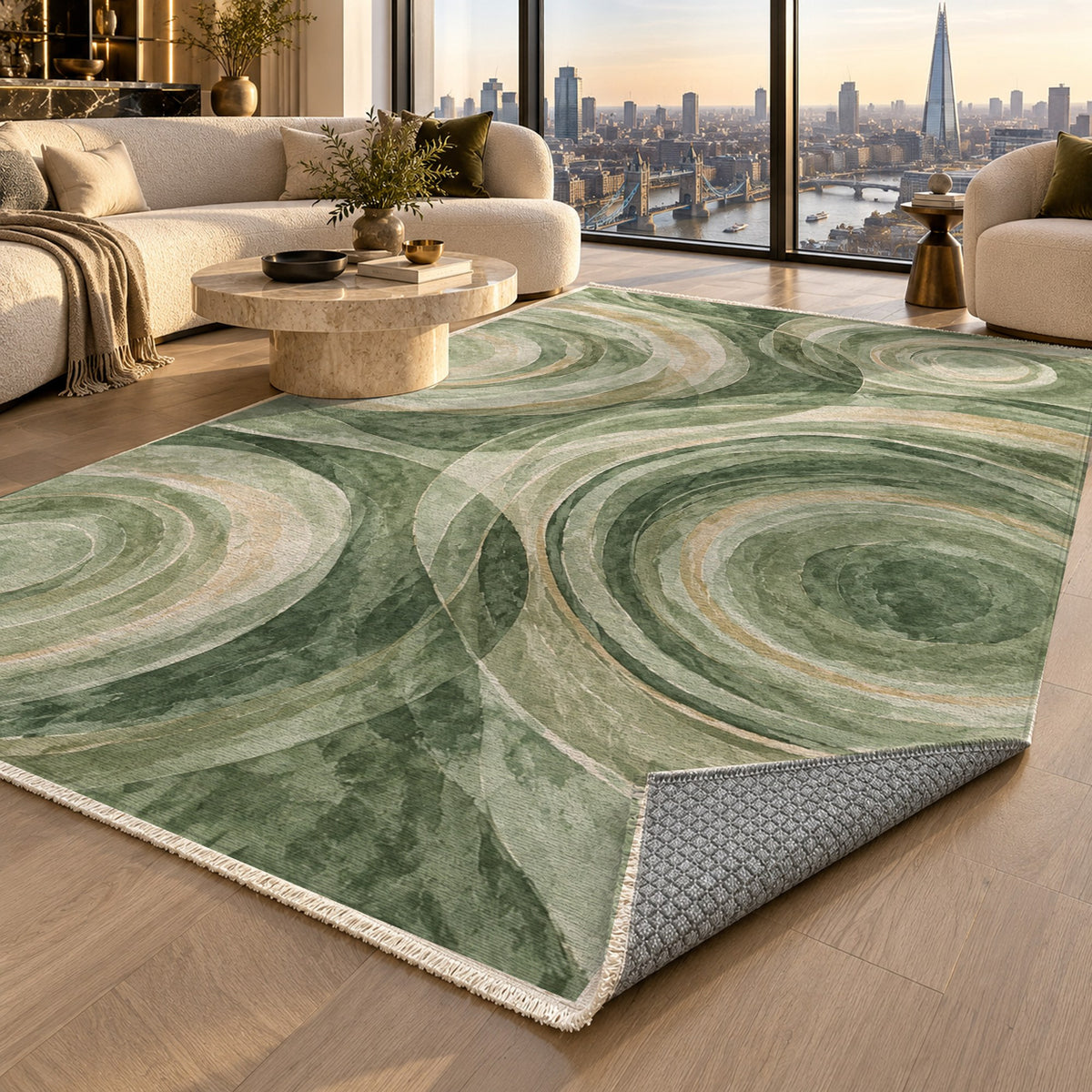 Ocean Rings Sage Abstract Washable Rug — london luxury living