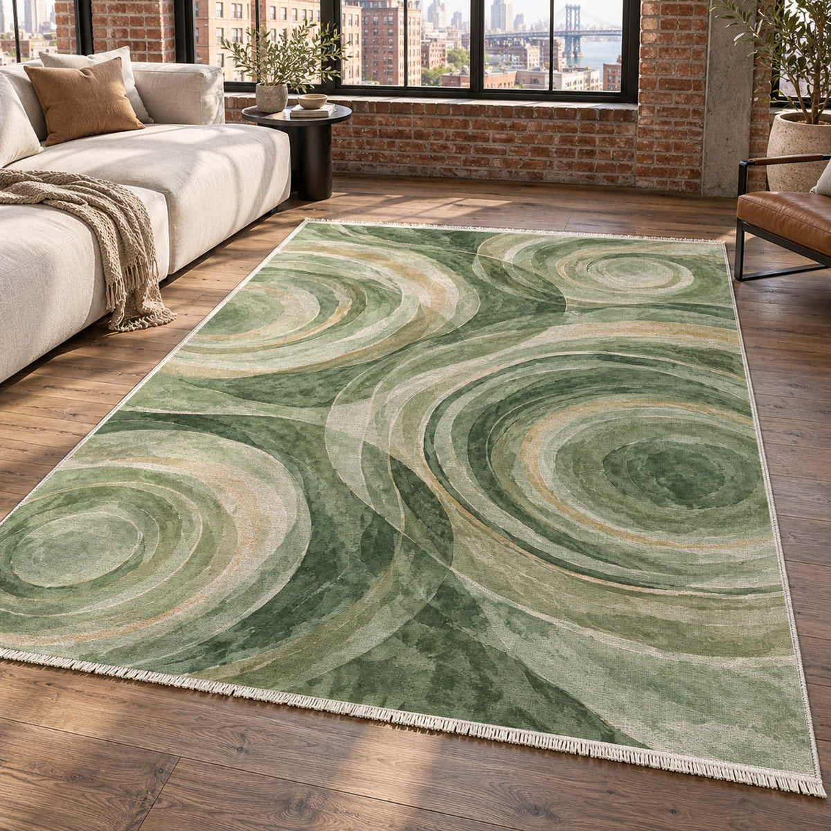 Ocean Rings Sage Abstract Washable Rug — new york living