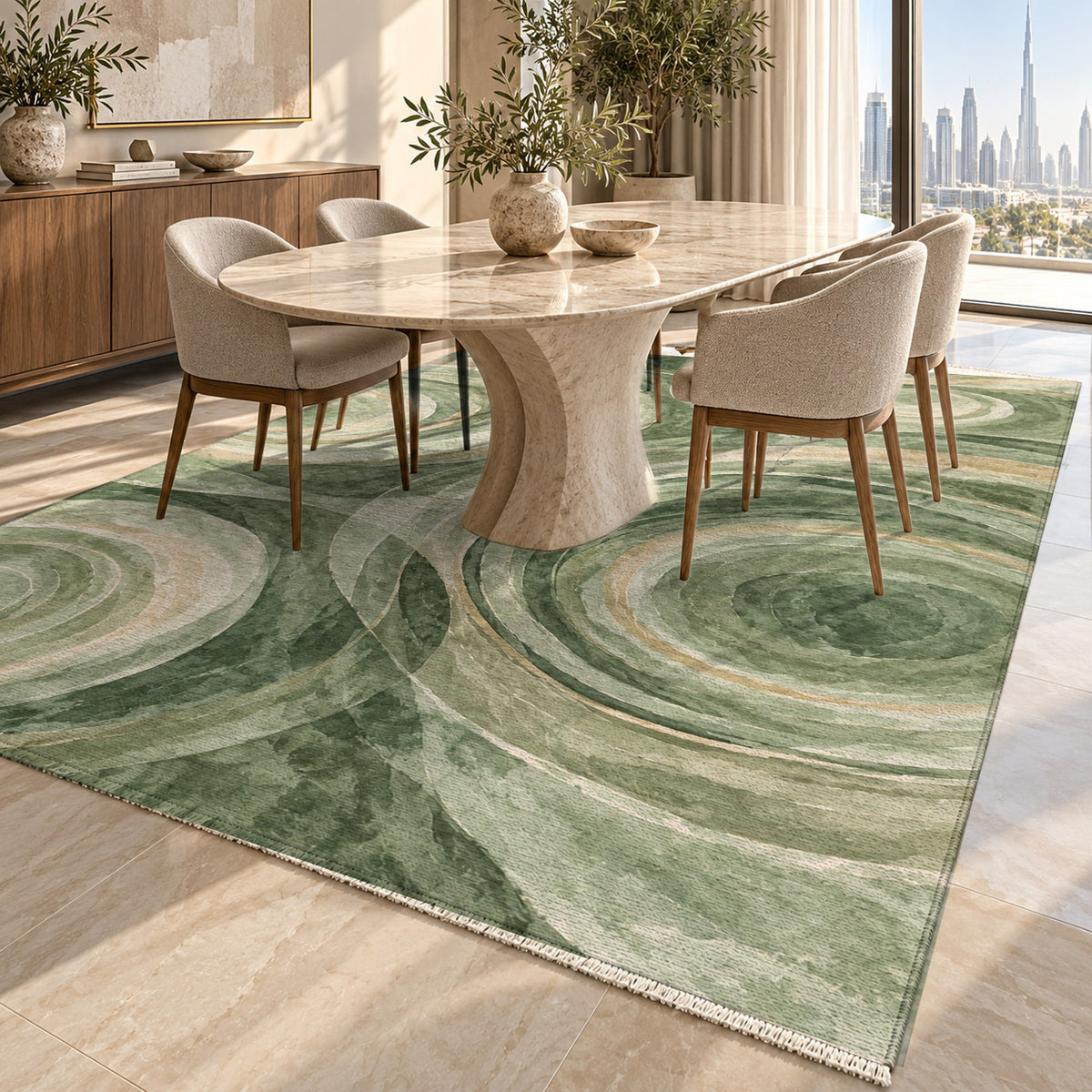Ocean Rings Sage Abstract Washable Rug — dubai dining