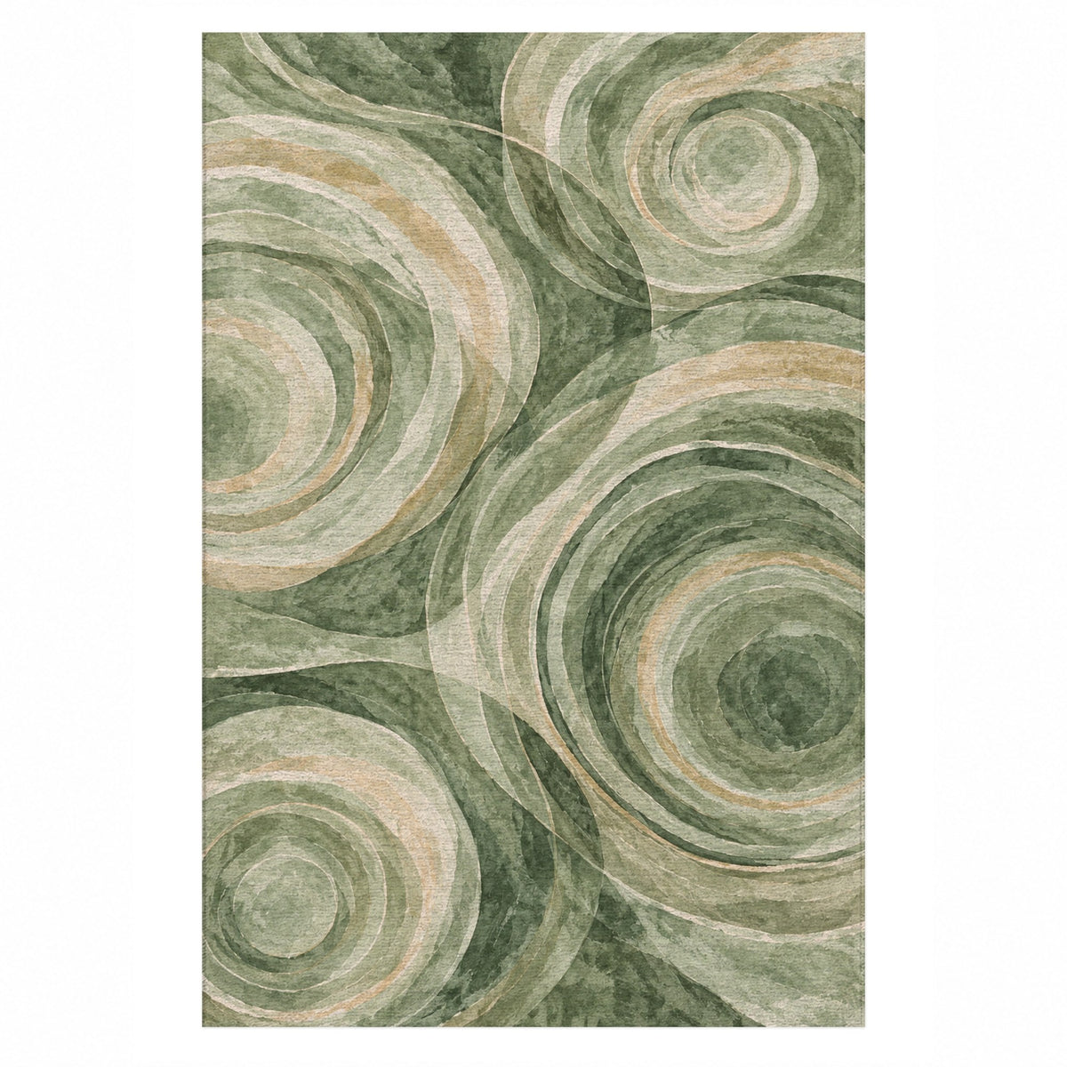 Ocean Rings Sage Abstract Washable Rug — top view
