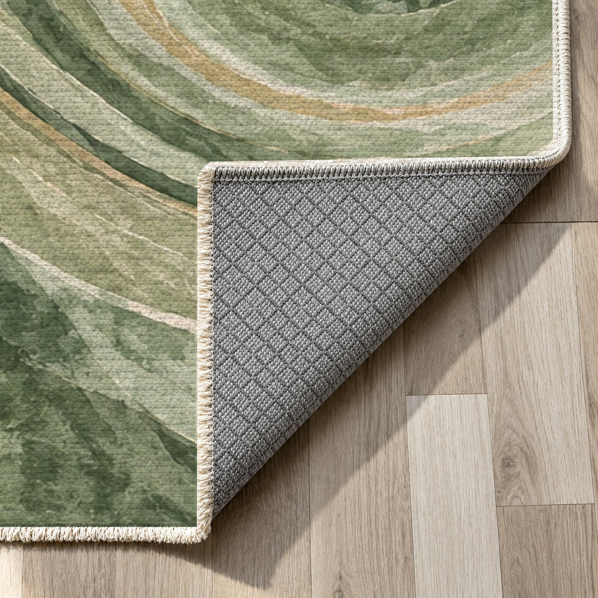 Ocean Rings Sage Abstract Washable Rug — backing close up
