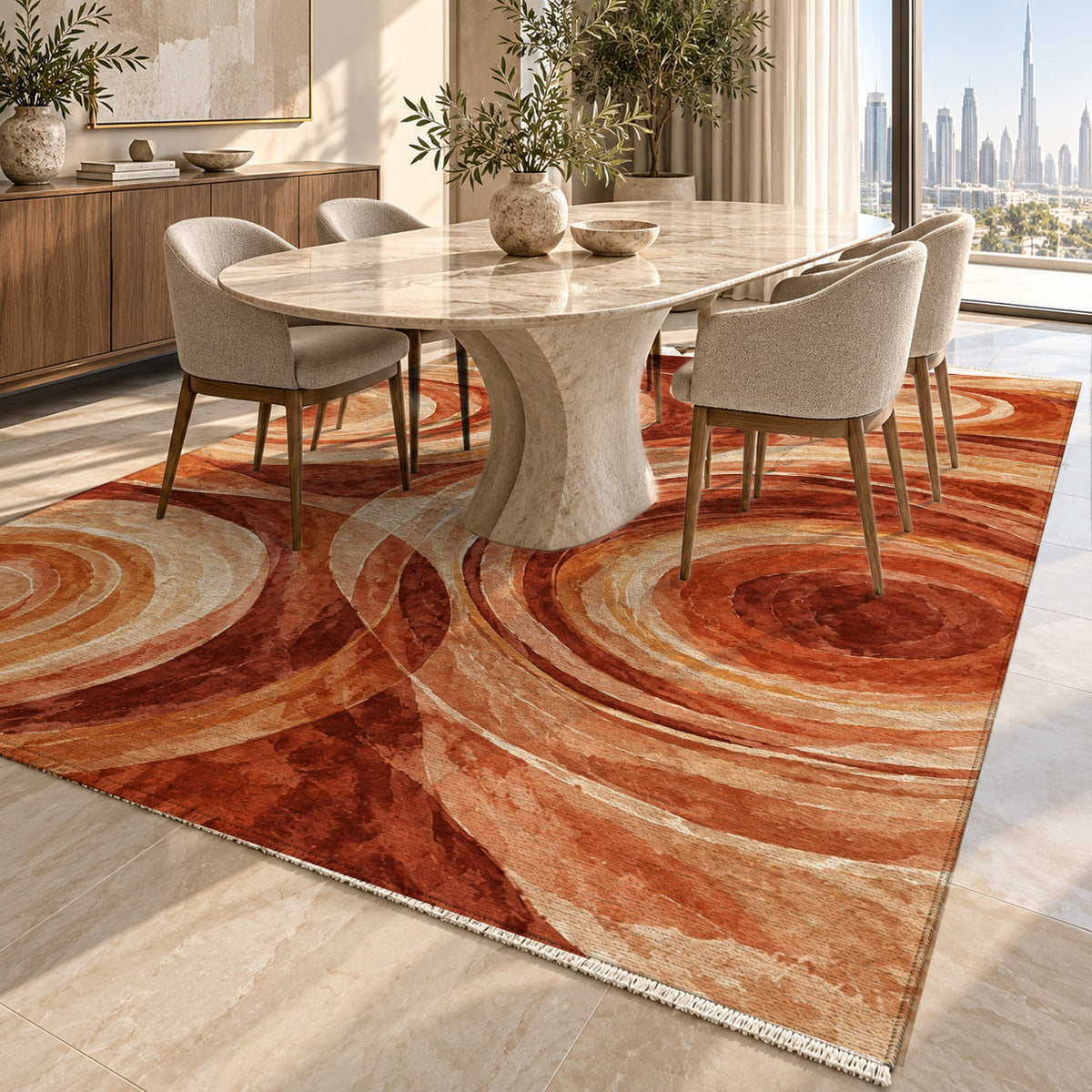 Ocean Rings Terracotta Abstract Washable Rug — dubai dining