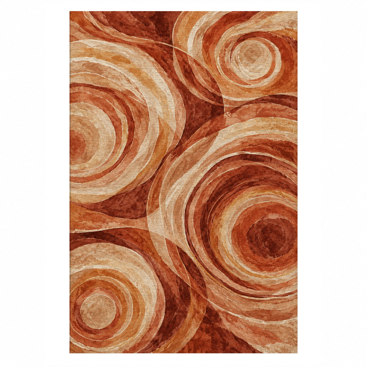 Ocean Rings Terracotta Abstract Washable Rug — top view