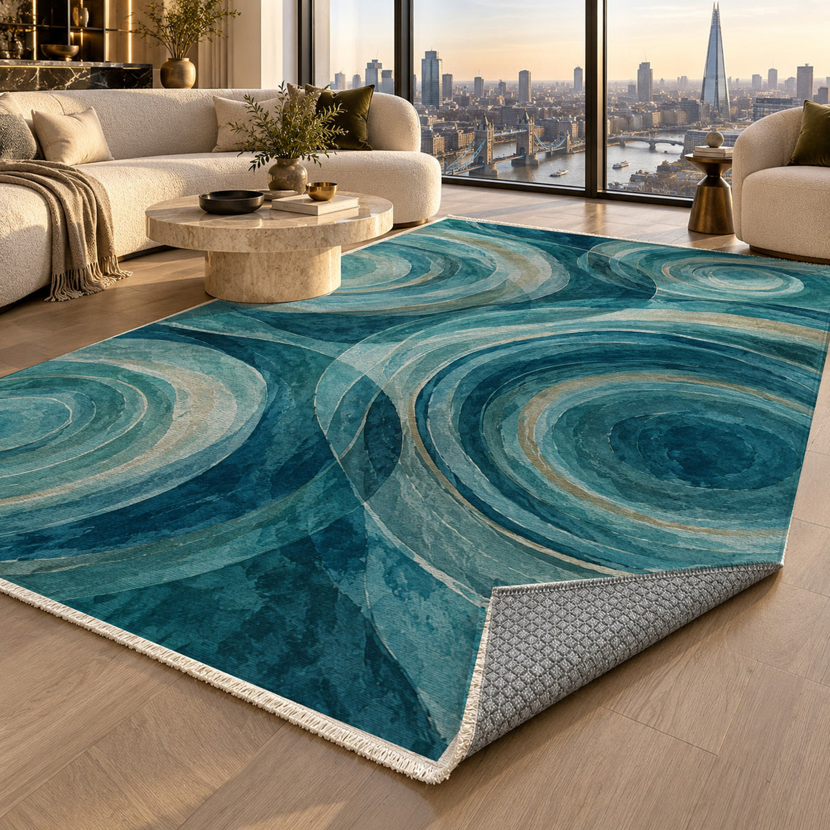 Ocean Rings Abstract Washable Rug — london luxury living
