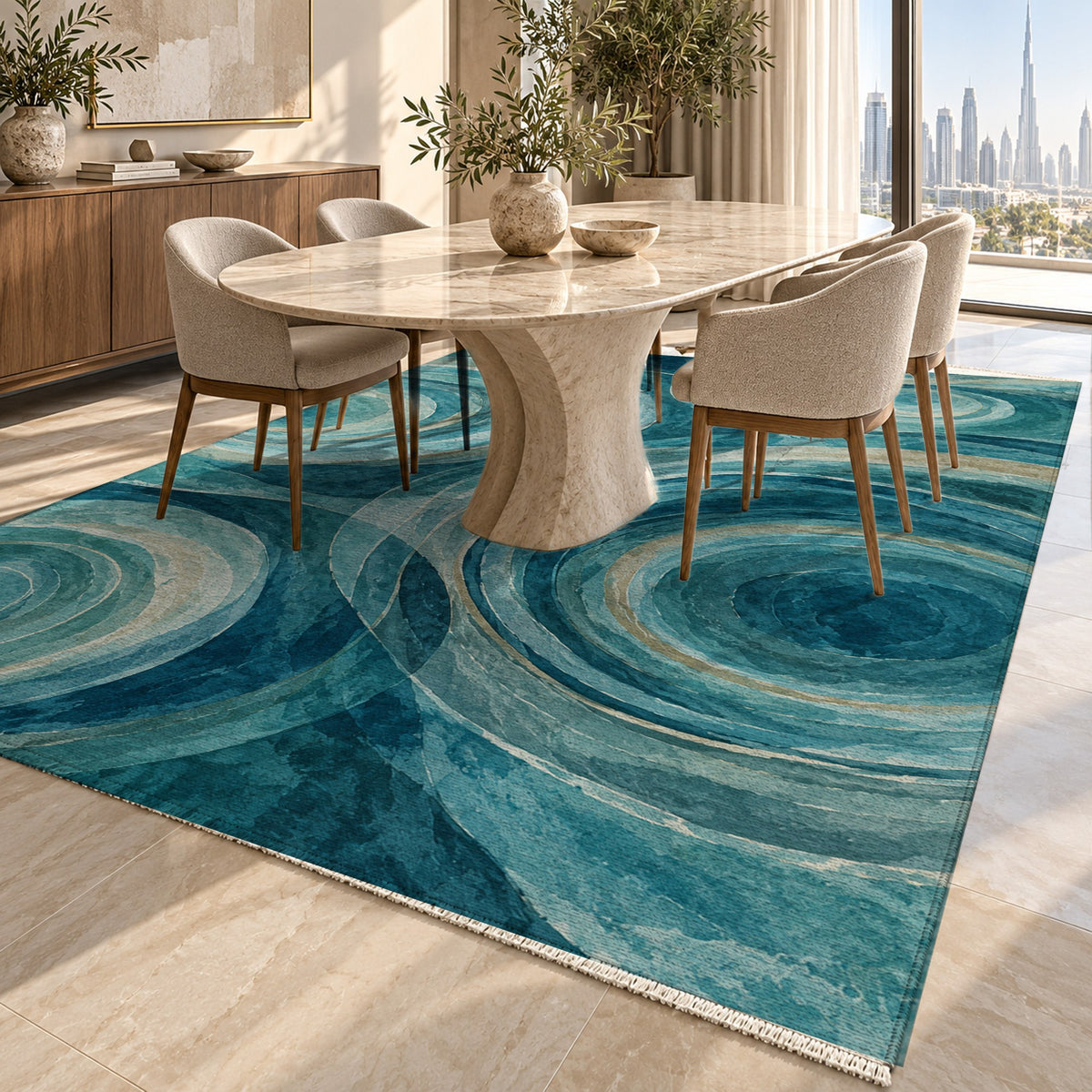 Ocean Rings Abstract Washable Rug — dubai dining