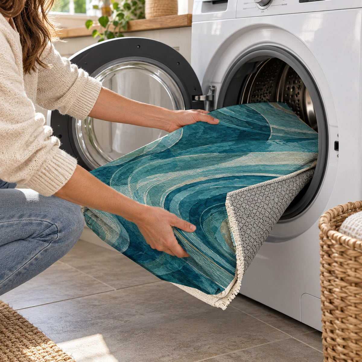 Ocean Rings Abstract Washable Rug — washing machine