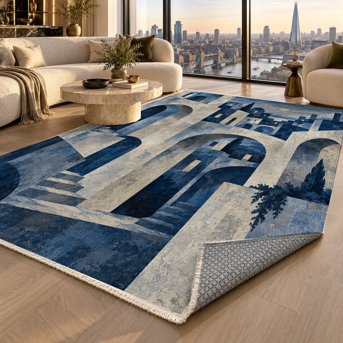 Old Town Arches Indigo Modern Washable Rug — london luxury living